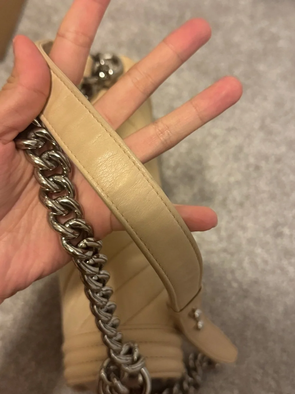 CHANEL Chevron Leather Boy Bag in Beige with Silver-Tone Hardware